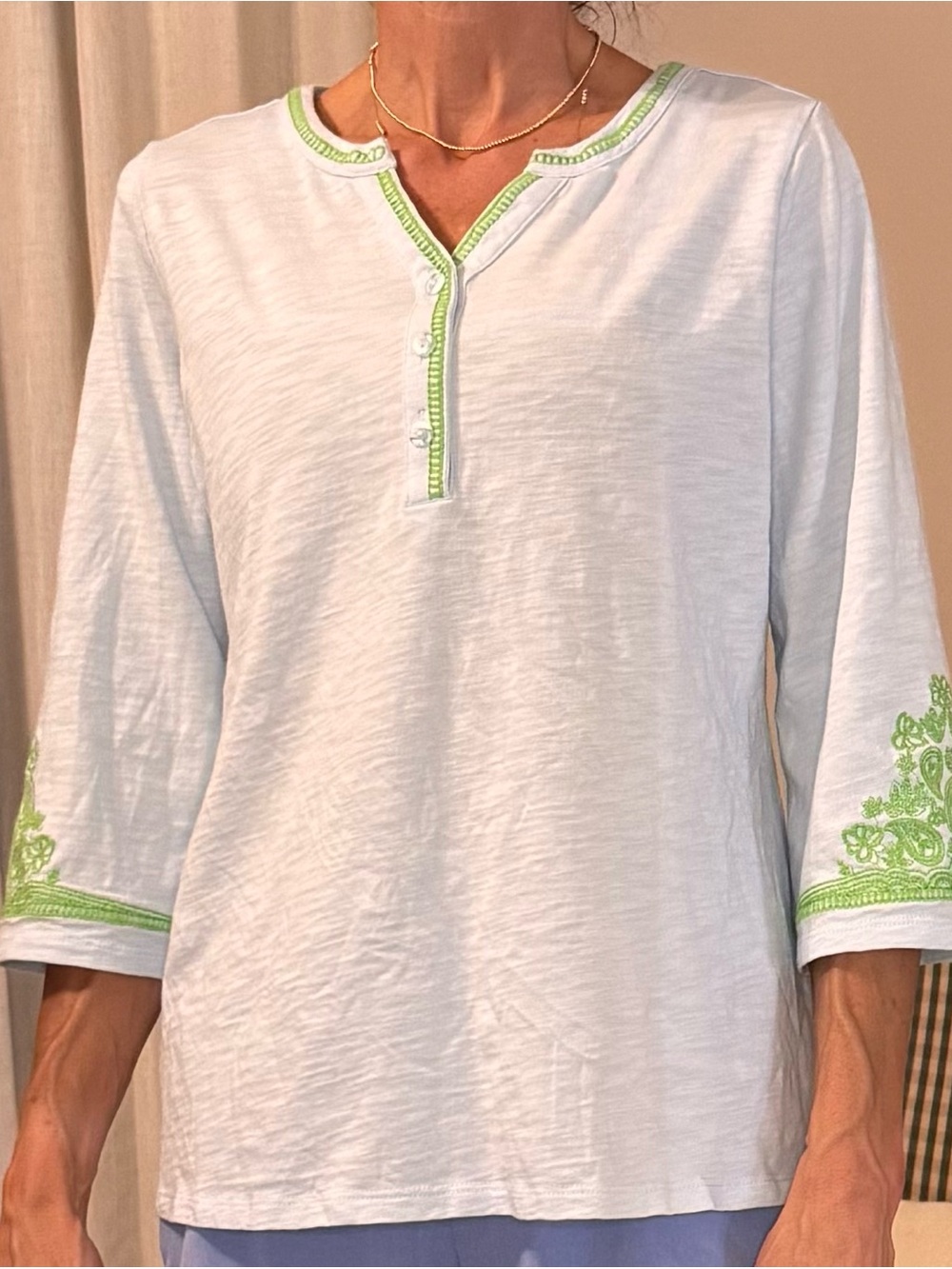 Belle by Kim Gravel White Long Sleeve Henley with Lime Trim